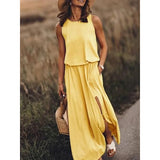 2025 Summer Women's Fashion Trend Retro Round-Neck Sleeveless Forked Solid Color Two-Piece