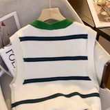 Neck Knitted Cardigan Vest Women's Loose Impact Color Pocket Striped Vest A Variety Of Small Shoulder Sweaters Leisure Jackets-Outfit