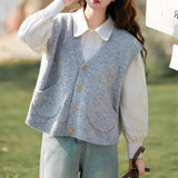 Version 2024V Neckline Knitted Vest Cardigan Woman Sleeveless Folding Woman Wearing A Wide Range Of Jackets With Loose Pockets-Outfit