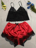 Sexy Lace Trim Satin Two Piece Pajamas