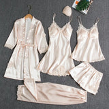Large-Size Pyjamas Women's Ice Silk Sexy Hot Home Clothes Spring And Autumn Long-Sleeved Thin Bathrobe Five-Piece