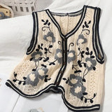 Women Chic Sweet Retro Single Breasted V-neck Ladies Cropped Outwear All-match Hollow Out Design Floral Female