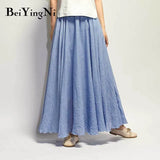 Linen Cotton Vintage Skirt Women Solid Beach Boho Pleated Maxi Skirts Summer Fashion Retro Elastic Waist Saia