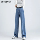 Casual Spring Women Solid Jeans Trousers High Waist Pockets Loose Female Wide Leg Denim Pants Ladies Floor-Length