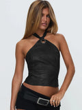 Retro Brown Leather Ring Decoration Hanging Neck Vest Sexy Back Strap Strap Short