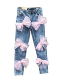 Women's Jeans High Waist Slim Pink Mesh Bowknot Pearls Stretch Female Denim Ankle-Length Pants 2024 Summer New Fashion-Outfit