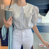 Womens Blouse Korean New 2021 Short Sleeve Chic Doll Collar Patchwork Tops Fashion Sweet Blue Buttons Loose Shirt