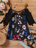 Neck Lace Patchwork Floral Print T-shirt Off-the-shoulder Sexy T Shirt Tee Short Sleeves Fashion Casual Loose Women Tee