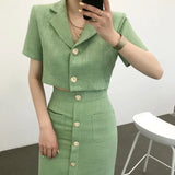 Korea Elegant Lapel Thin Tweed Small Suit Short Jacket + High Waist Chic Button Slim Womens Two Piece Skirt Sets Summer 319-0-Outfit