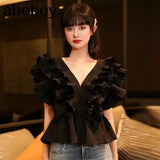 Casual Patchwork Ruffle Shirts For Women V Neck Short Sleeve Ruched Slim Blouses Female 2022 Summer Fashion