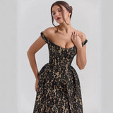 Spring And Summer New Women's Fashion Temperament Word Shoulder-To-Shoulder-To-Shoulder-To-Back-Up-Sender-Print Dress Dress