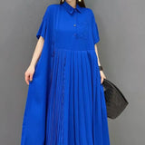 Women's Clothing Korean Pleated Patchwork Long Dress Casual Loose Summer All-match Solid Color Commute Polo-Neck Button Dresses-Outfit