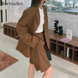 Women Retro Loose Blazer Sets Single-breasted Jacket & Straight Shorts 2 Pieces Sets Female Blazer