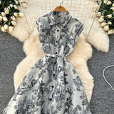 New Women's High-End Elegant Dress Women's Collar Sleeveless Single Buckle Ink Painting Long