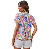 Chiffon Stand Collar Printed Short Sleeve