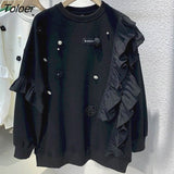 Pullovers Women Spring Autumn Trendy Casual Tops Ruffle Panel Pearl Flower Loose Oversized Pullover Womens Y2k