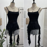 Irregular Lace Splicing Hem With Lotus Slings With Lotus Slings Waist Yarn Top