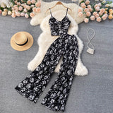 Women Summer Boho Floral Holiday Set V Neck Puff Sleeve Short Tops+High Waist Sexy Split Wide Leg Pants Two Pieces