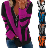 Autumn Print Striped Sweatshirt V Neck Long Sleeve Half Open Zipper Sweatshirts Elegant Ladies Tops Outfits Outwear-Outfit