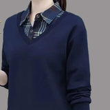 and Autumn Women's Pullover Polo Collar Button Plaid Contrast Panel Long Sleeve T-shirt Polo Bottom Fashion Casual Tops-Outfit