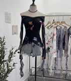 Real Shot One-×Ö Collared Shoulder Long-Sleeved Mesh Printing Top Irregularly Folded Lotus Leaves With Short T-Shirt