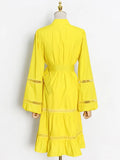 Yellow Hollow Out Dresses For Female Stand Collar Lantern Long Sleeve High Waist Slimming Women's Dress Fashion