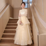Dress Light Luxury Niche Banquet Host Graduation Dress 2025 New Champagne Long-Sleeved Art Exam