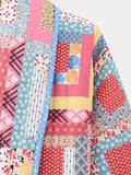 Autumn Winter Pink Geometric Flower Print Lapel Quilted Coat Ethnic Women Quilting Full Sleeve Oversized Jacket Outerwear-Outfit