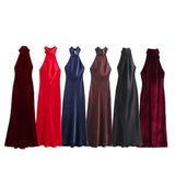 Women's Clothing 2025 Spring Festive Dress Hanging Neck Collar Silk Texture Dew Back