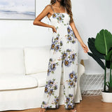 Rompers Womens Jumpsuit Boho Chi Floral Printed Pleated Wrap Bow Straps Long Jumpsuits High Waist Wide-leg Pants