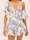 Women Spliced Bow Bandage Floral Print Mini Dress Sexy Short Lantern sleeve One Shoulder Party Dresses-Outfit