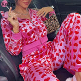 Y2K Pink Print Sweet Kawaii Women Crop Top Hoodies Long Sleeve Fashion Grunge Skinny Female Sweatshirt