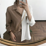Korean Summer Vintage Shirt Women Long Sleeve Tops Button Up Cardigan Patchwork Elegant Black White Beautiful Blouses