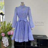 French Niche Collar Heavy Industry Nail Drill Luxury Wind Bubble Long Sleeve Buckle Waist Dress With