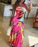Women Shirring Lace Up Halter Sexy All Over Print Sleeveless Bodycon Sexy Maxi Party Dress-Outfit
