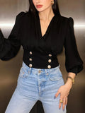 Red Crop Tops Women's V-neck Sexy Long Sleeved Short Waistband Bubble Sleeved Solid Color Pleated Shirt Femme Blusas