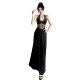 2025 Summer New Women's Style Sexy Lace Hollow Splicing Long Sleeveless Dress