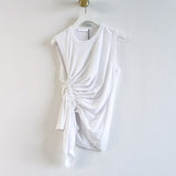 White Casual Asymmetrical T Shirt For Women O Neck Sleeveless Solid Ruched Slim T Shirts Female 2021 Summer