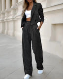 Toloer Women's Temperament Casual Stripe Short Lapel Suit Straight Pants