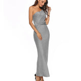 Fashionable Women's Dress New One-Shoulder Bright Silk Elegant Dress Large-Size Solid Color Dress-Outfit