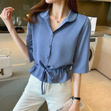 Women Solid Turn-down Collar Half Sleeve Chiffon Shirt Fashion Casual Shirring Single-breasted Blouses Female 319-0-Outfit