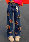Blue Boyfriend Jeans High Waist Zipper Fly Solid Hollow Out Jeans