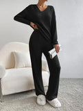 Women Tracksuit Knitted Sweater Pant Sets 2023 Autumn V Neck Pullover Tops Trousers Suits Casual Two Piece Set Outfits-Outfit