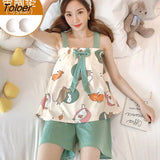 Sets Womens Summer Bow Printed Shaghetti Straps Loose Plus Size M-5XL Students Casual Sleepwear Elasticity Home