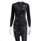 Toloer Women's Mesh Flash Diamond Round Collar Dress