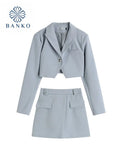 Short Blazer And Skirt Matching Sets Two Pieces Single Button Jacket Office Lady Formal Suit Korean Simple Spring