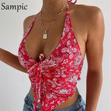 Vintage Print Casual Sexy Halter Sleeveless Summer Y2K Chic Club Cropped T Shirt Tops 2021 Women Slim Ruched Tank