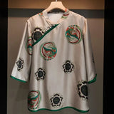 A New Retro National Style Imitation Silk Printing Pearl Button Slanted Chinese-Style Trimmed Blouse In Summer-Outfit