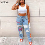Casual Hole Ripped Light Blue Hight Waist Denim Pants Women Party Club Jeans Side Tassel Pants Trousers