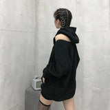 Streetwear Off Shoulder Sweatshirt For Women Hooded Collar Long Sleeve Casual Black Sweatshirts Female Fashion